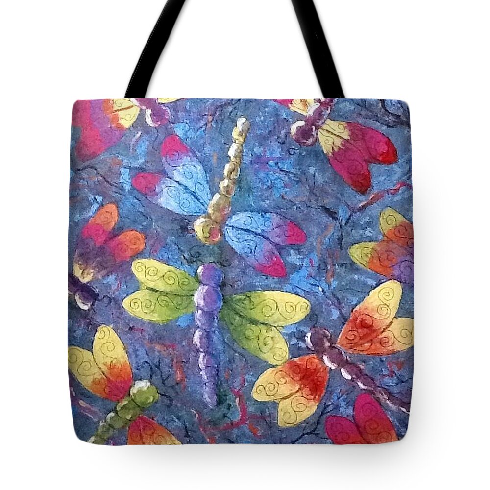 Dragonflies Tote Bag featuring the painting Flying dragons by Megan Walsh