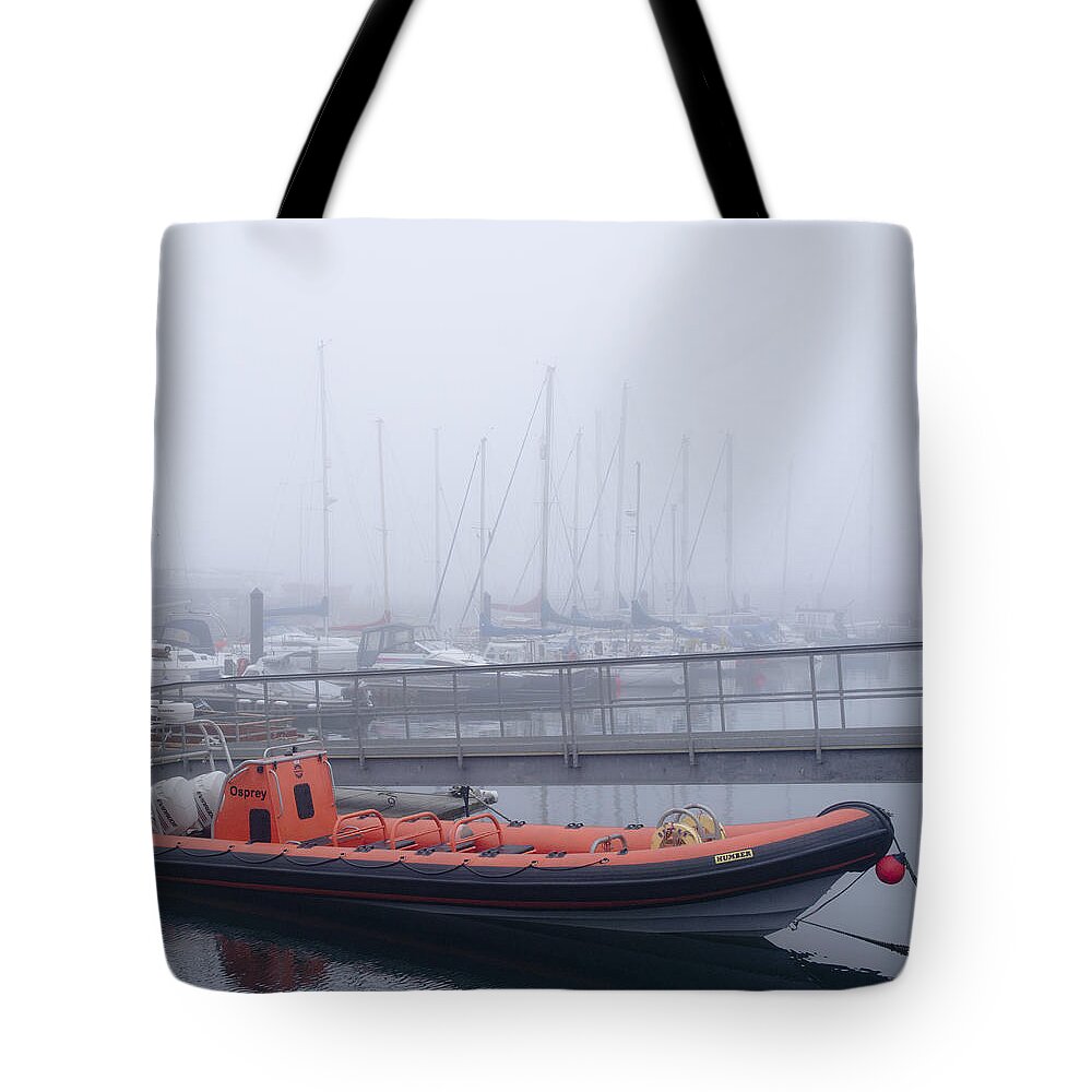 Anstruther Tote Bag featuring the photograph Fog in Marina II by Elena Perelman