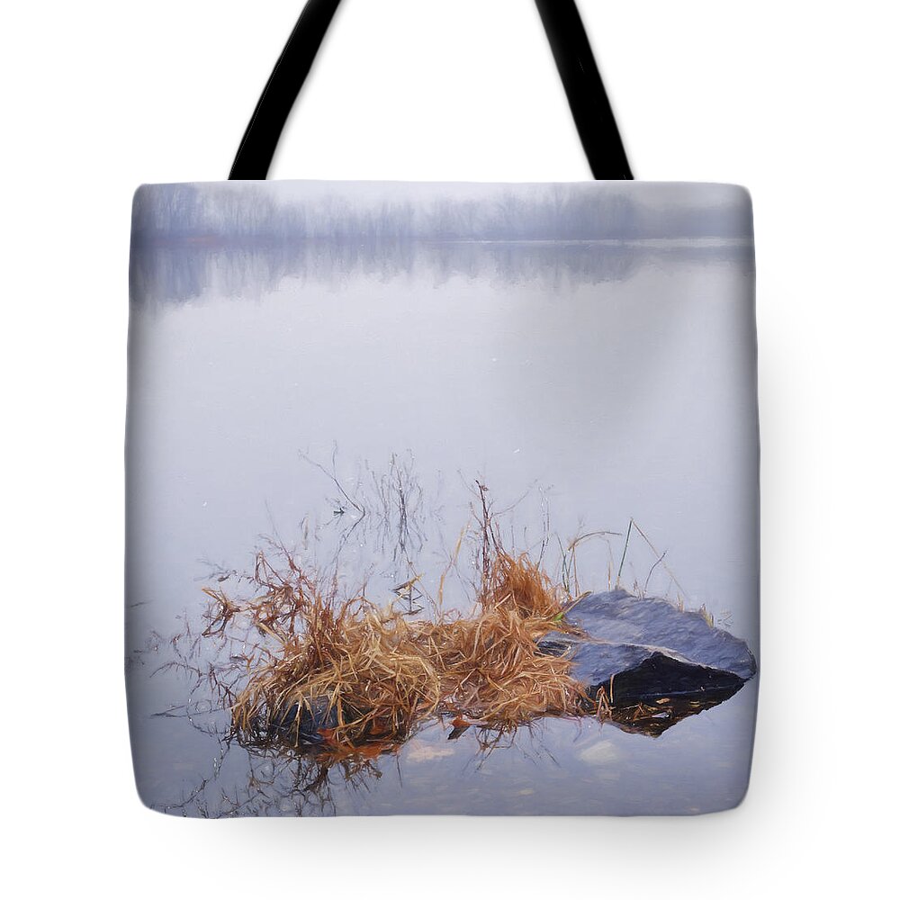 Pond Tote Bag featuring the mixed media Foggy Day at the Pond by Jean-Pierre Ducondi