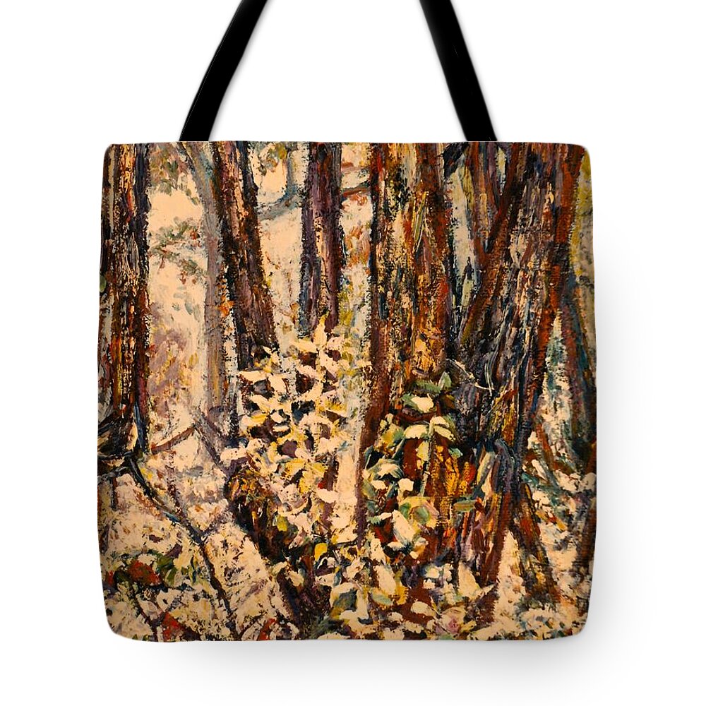 Forest Tote Bag featuring the painting Foggy Forest Edge by Kendall Kessler