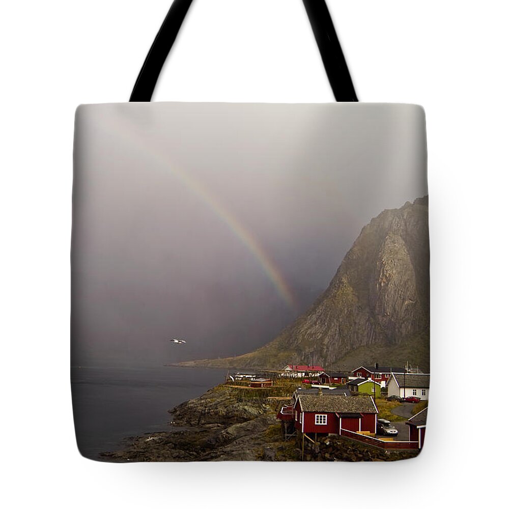 Village Tote Bag featuring the photograph Foggy Hamnoy Rorbu Village by Heiko Koehrer-Wagner