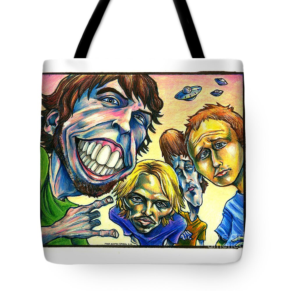 Foo Fighters Tote Bag featuring the drawing Foo Fighters by John Ashton Golden