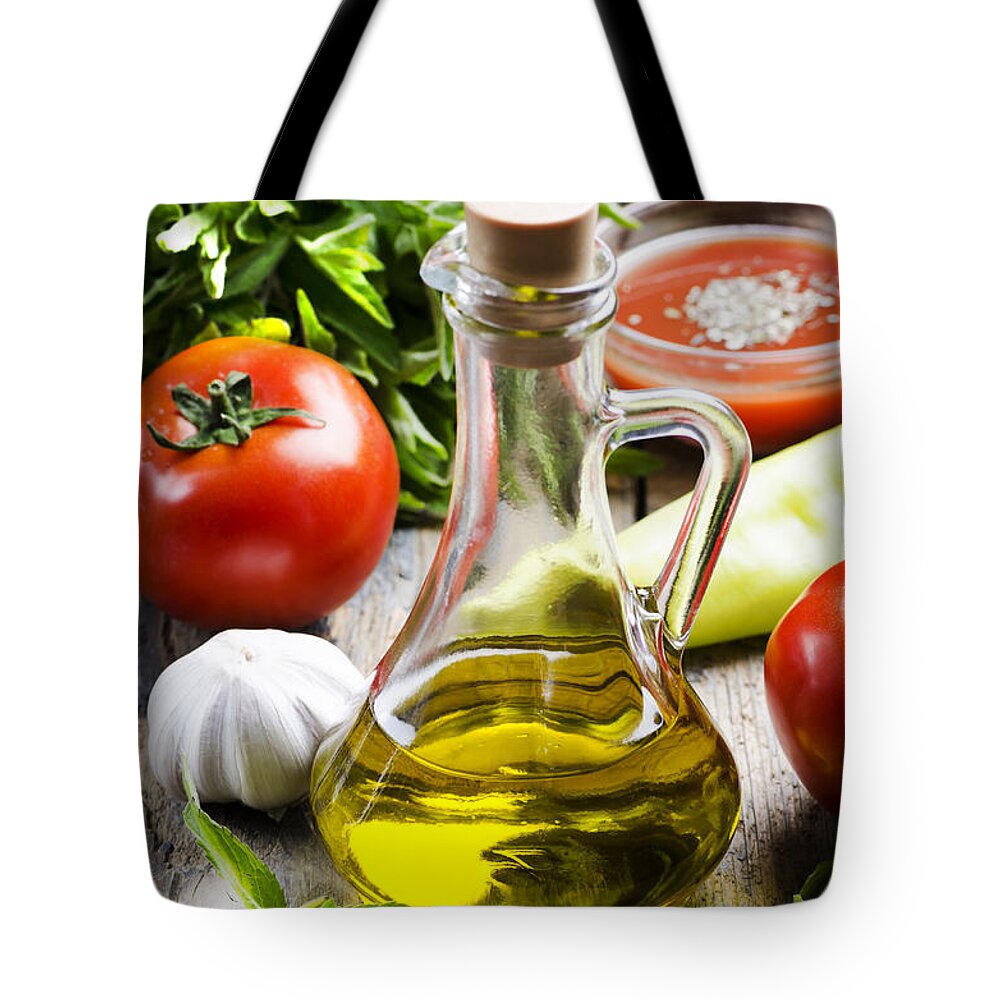 Oil Tote Bag featuring the photograph Olive Oil and Food Ingredients by Jelena Jovanovic