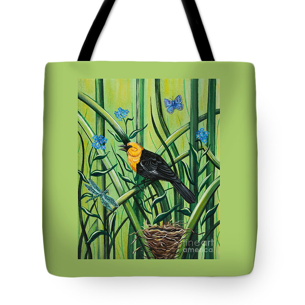 Yellow Headed Blackbird Tote Bag featuring the painting For Get Me Not by Jennifer Lake
