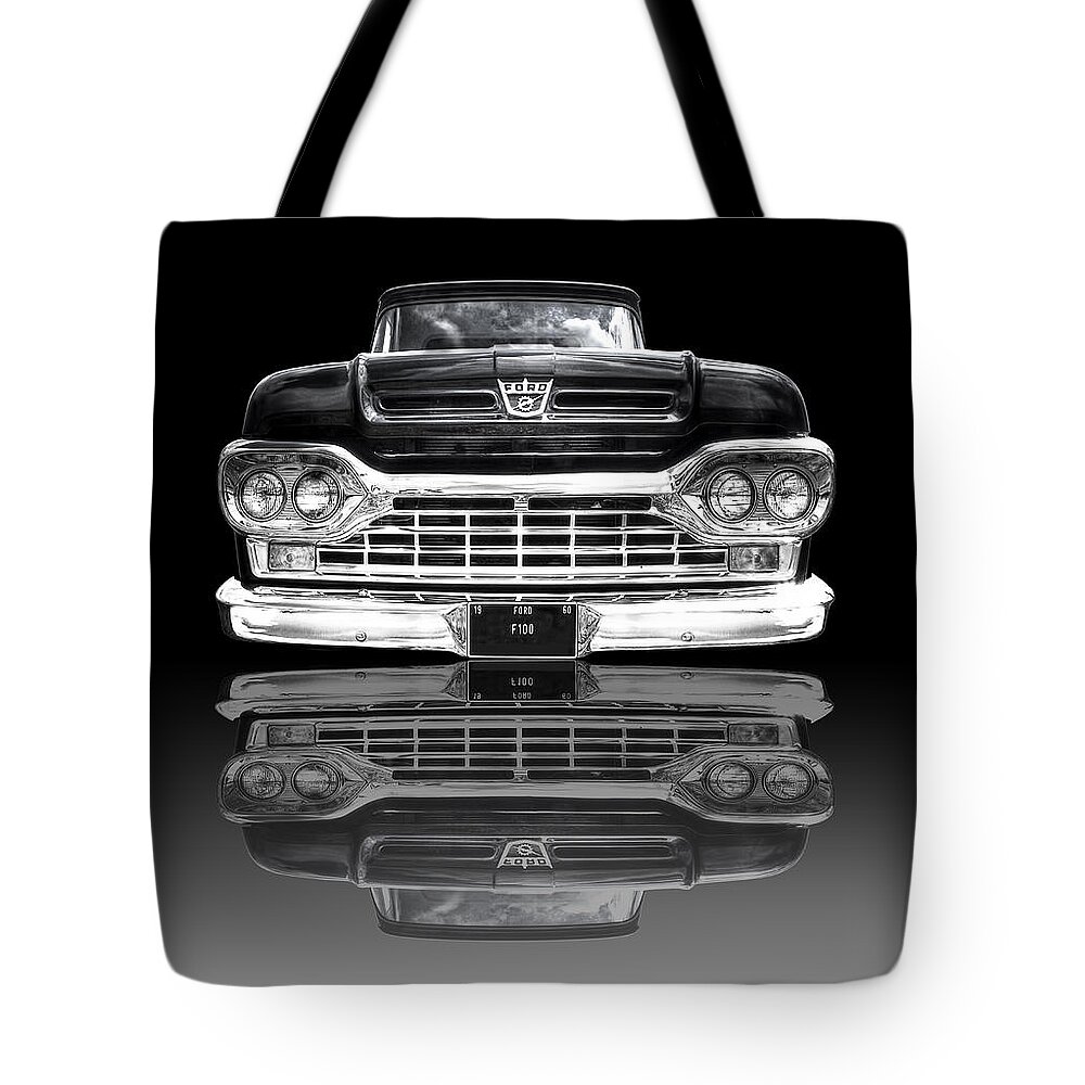 Ford F100 Tote Bag featuring the photograph Ford F100 Truck Reflection on Black by Gill Billington
