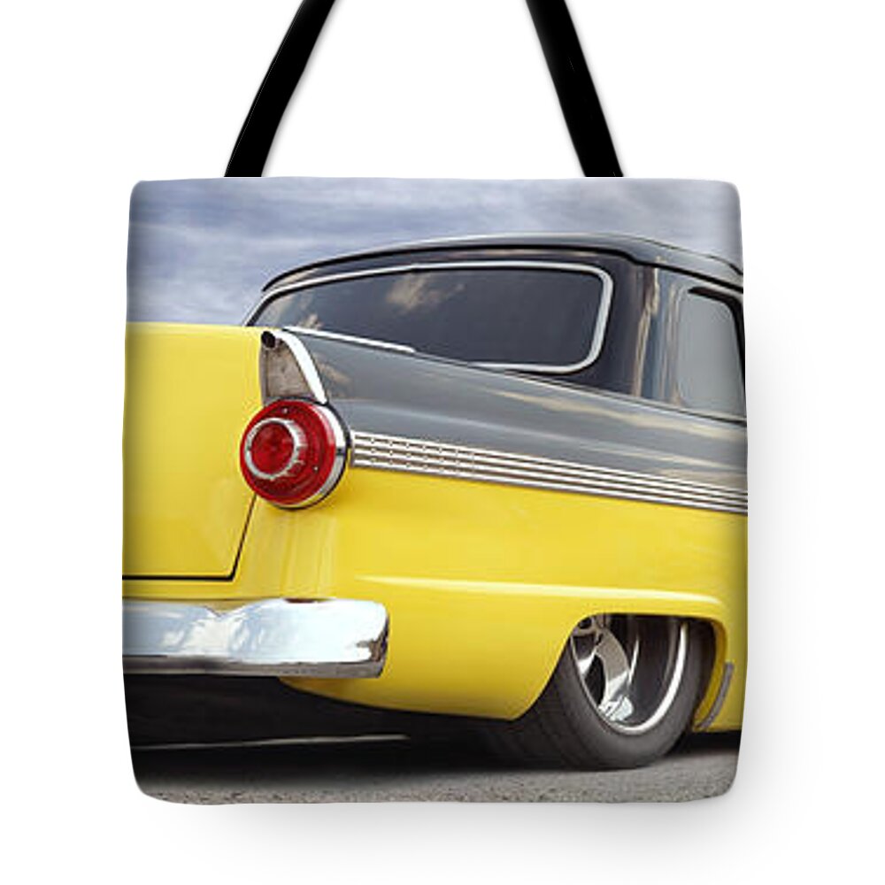 1955 Ford Tote Bag featuring the photograph Ford Lowrider at Roys by Mike McGlothlen