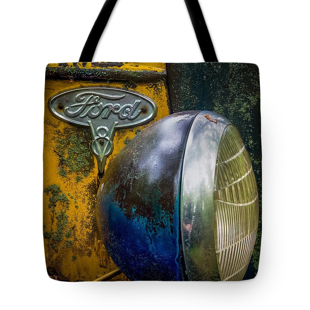 Rare Tote Bag featuring the photograph Ford V8 emblem by Paul Freidlund