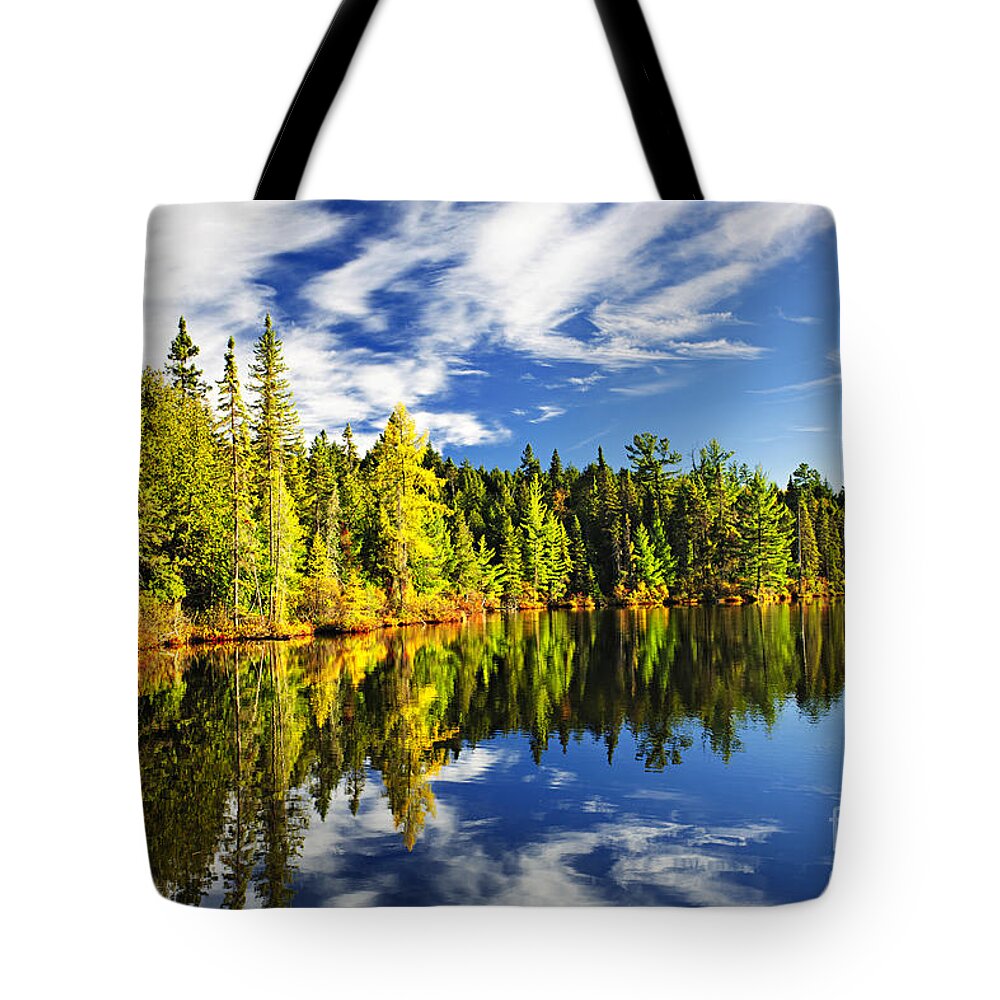 Lake Tote Bag featuring the photograph Forest reflecting in lake by Elena Elisseeva