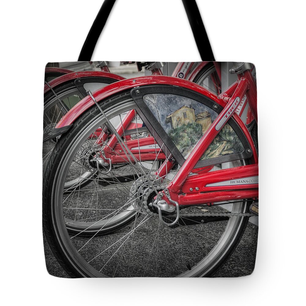 Bicycles Tote Bag featuring the photograph Fort Worth Bikes by Joan Carroll