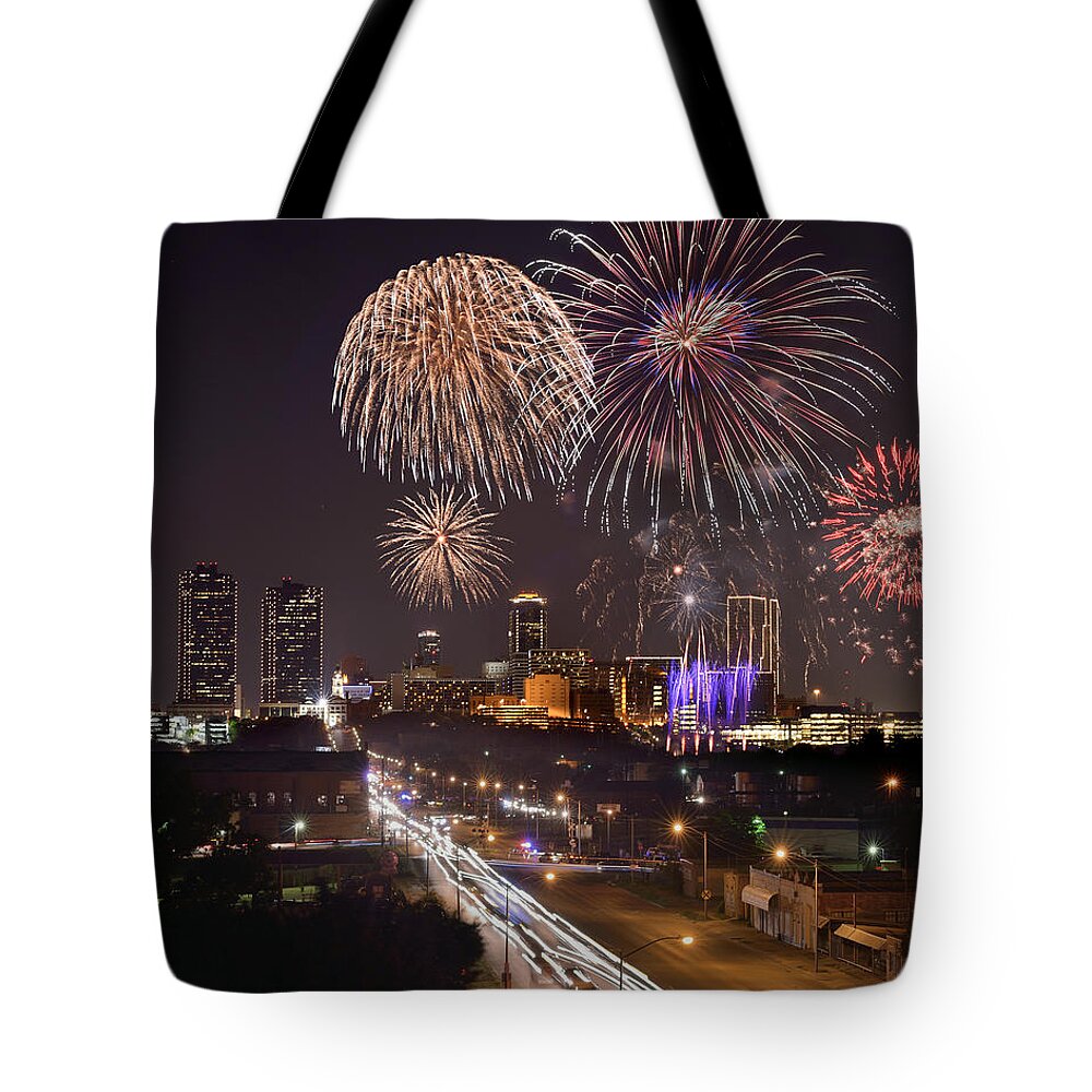  Tote Bag featuring the photograph Fort Worth Skyline At Night Fireworks Color Evening Ft. Worth Texas by Jon Holiday