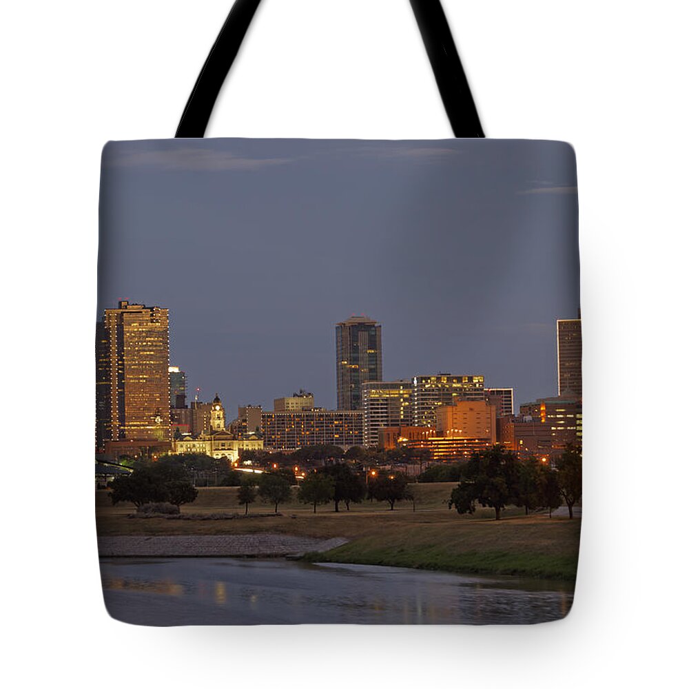 Sunset Tote Bag featuring the photograph Fort Worth Skyline Golden Hour by Jonathan Davison