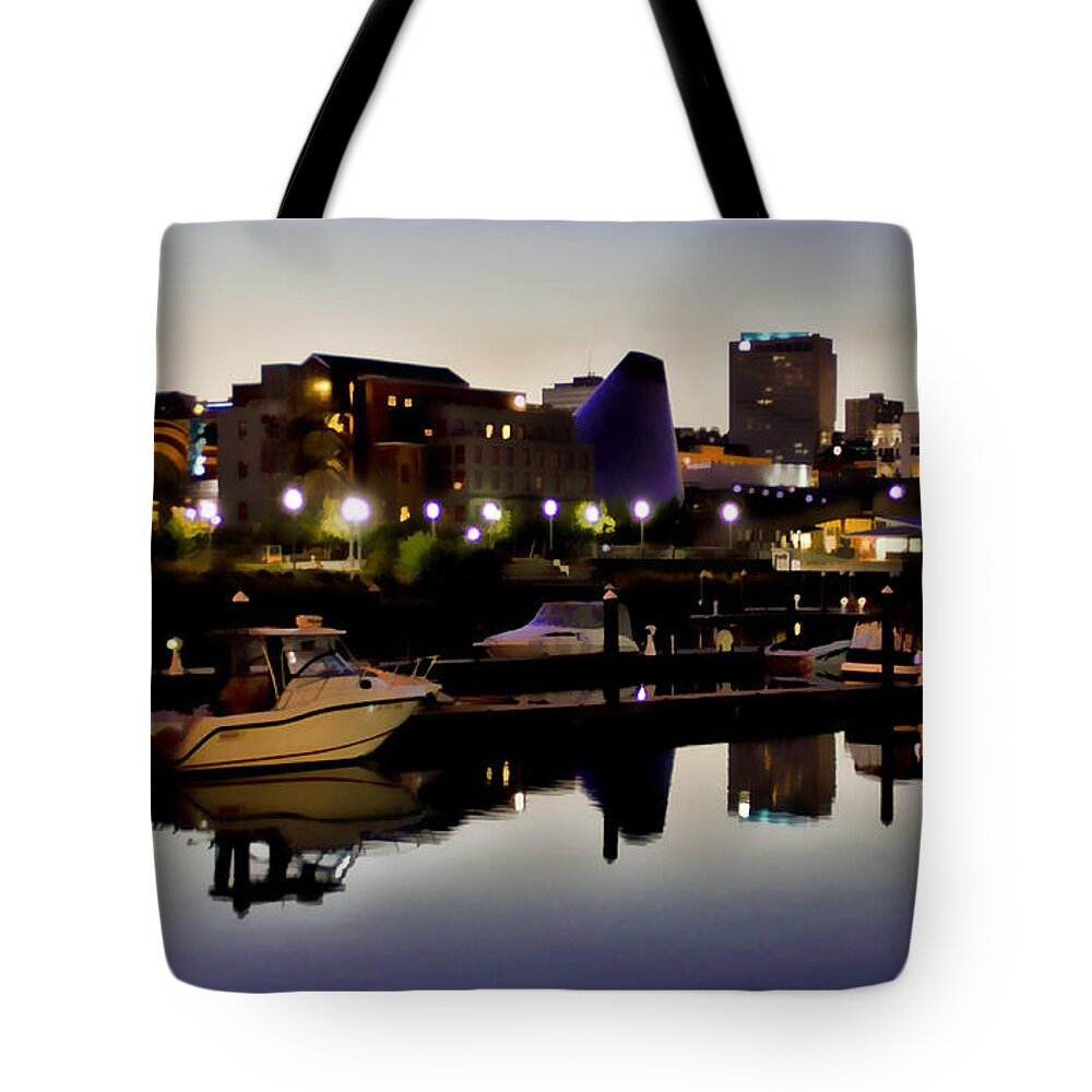 Foss Waterway Tote Bag featuring the photograph Foss Waterway at night by Ron Roberts