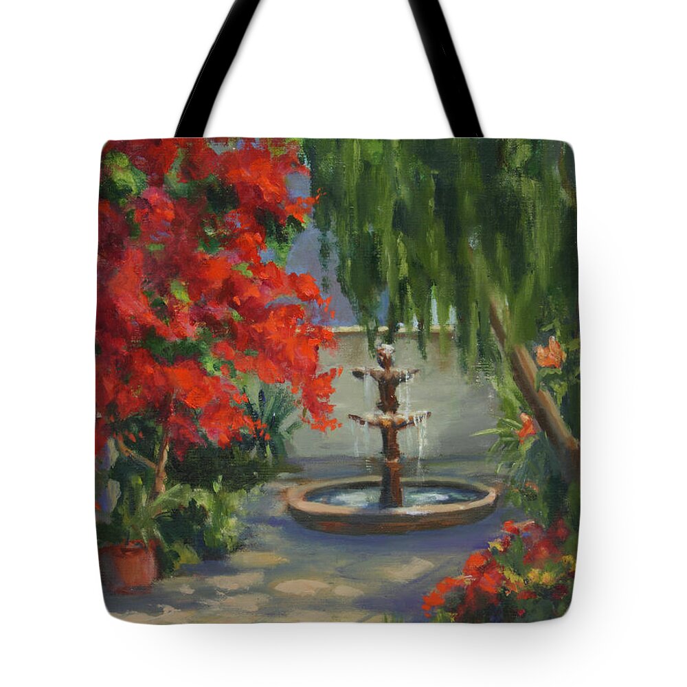 Fountain Tote Bag featuring the painting Relaxing in the Courtyard by Maria Hunt