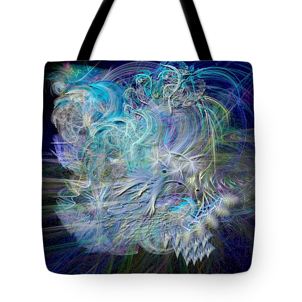 Blue Tote Bag featuring the digital art Fractal Feathers Blue by Ann Stretton
