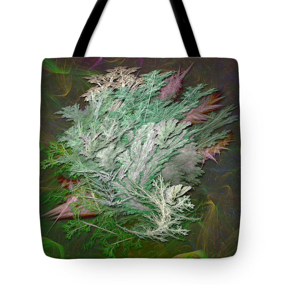 Green Tote Bag featuring the digital art Fractal Ferns by Ann Stretton
