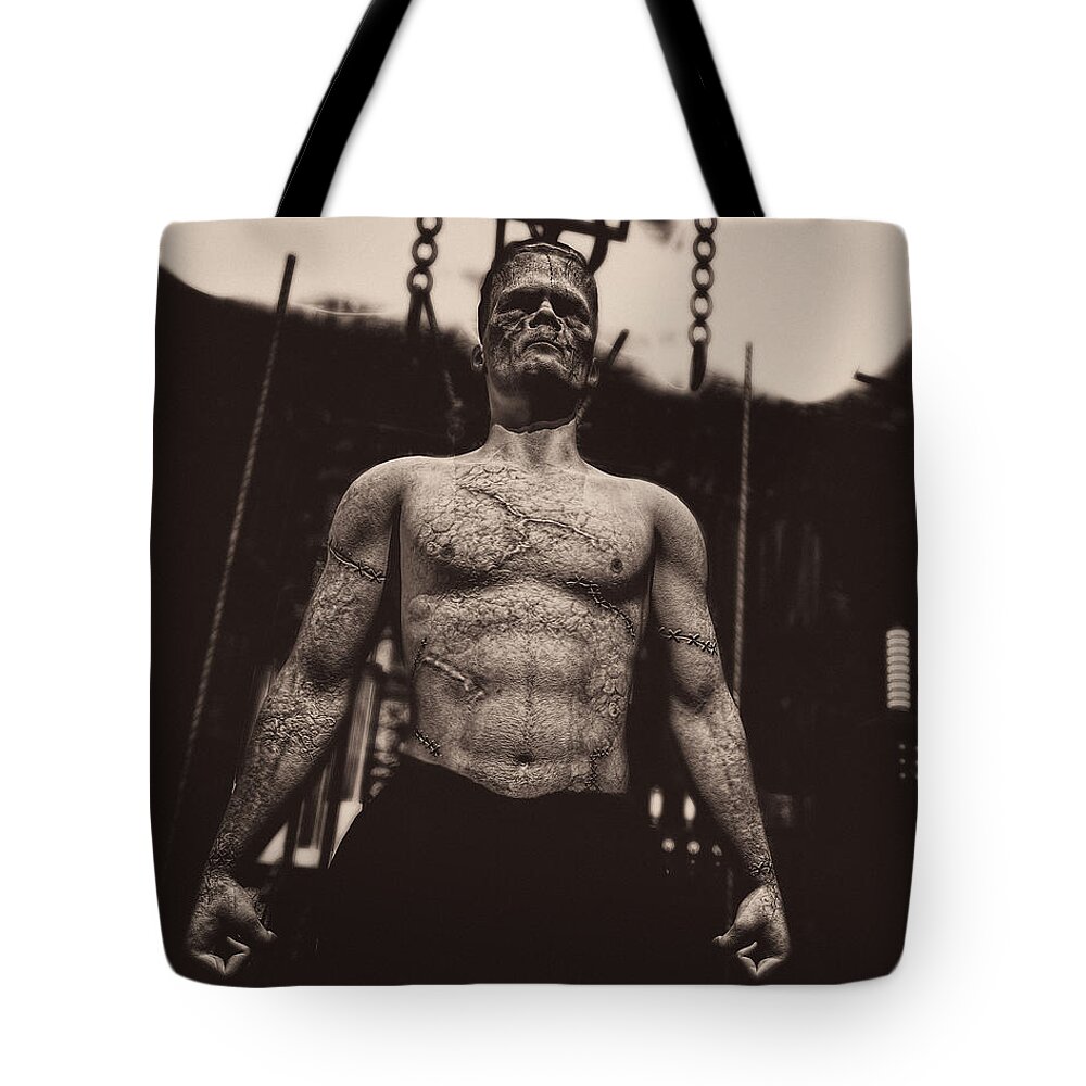 Frankenstein Tote Bag featuring the digital art Frankenstein's Science by Bob Orsillo