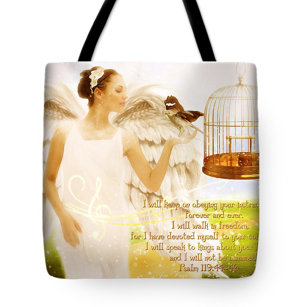 Freedom Song Tote Bag featuring the digital art Freedom Song with Scripture by Jennifer Page