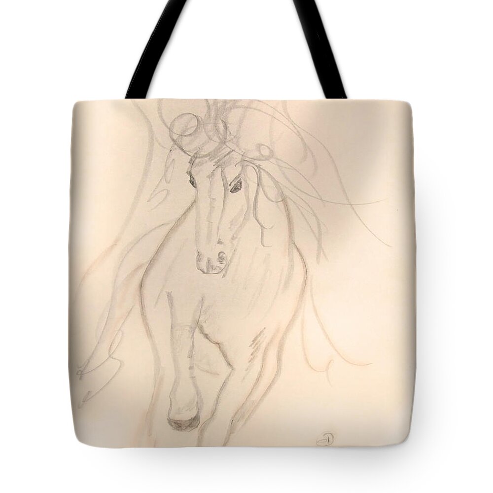 Horse Tote Bag featuring the drawing Freedom to Run by Donna Blackhall