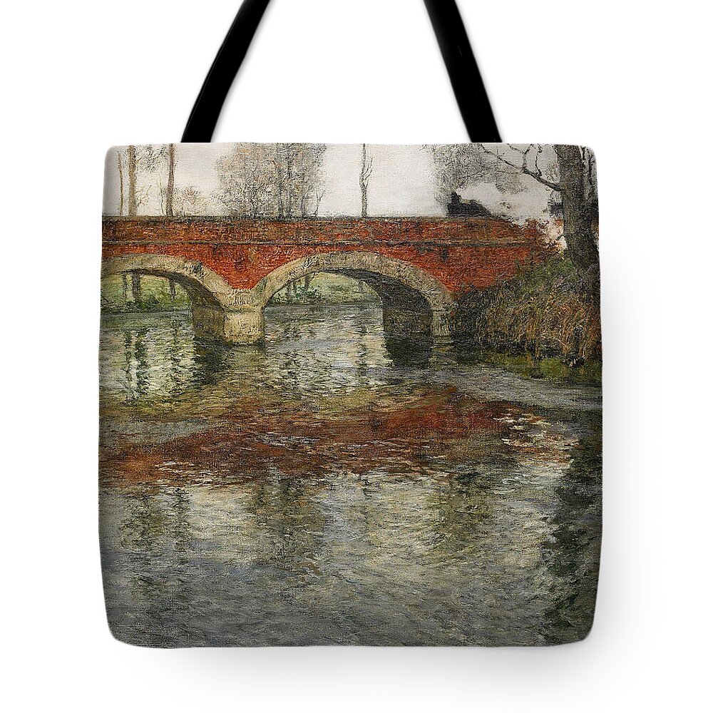 Frits Thaulow Tote Bag featuring the painting French river landscape with a stone bridge by Frits Thaulow