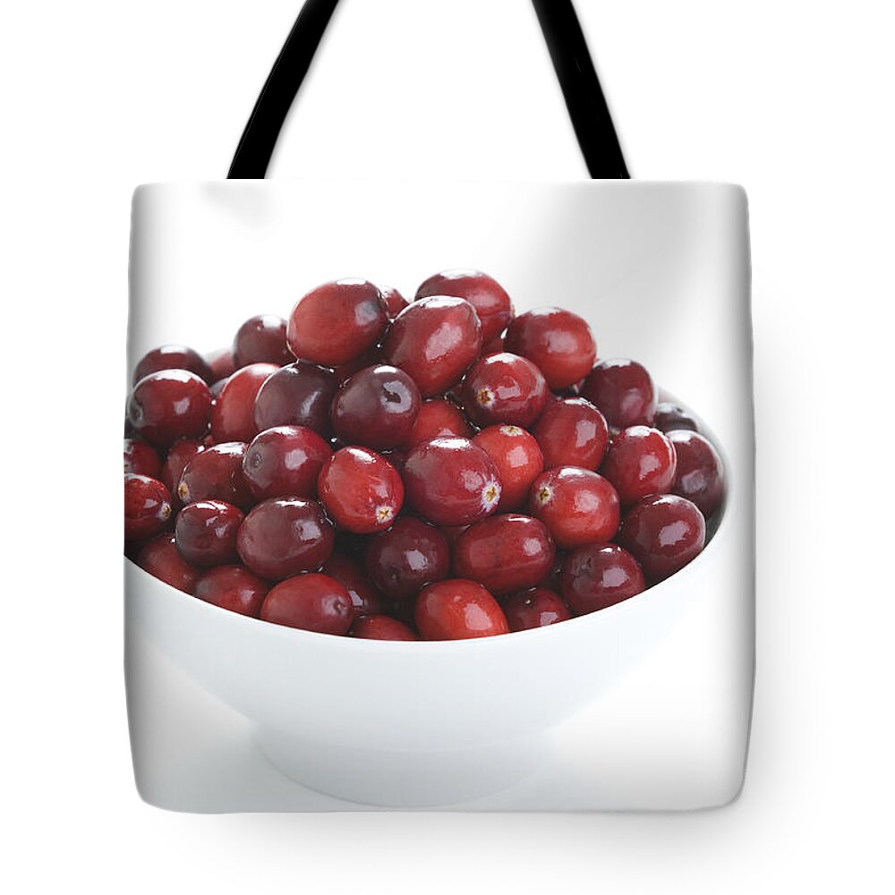 Cranberries Tote Bag featuring the photograph Fresh Cranberries In A White Bowl by Lee Avison