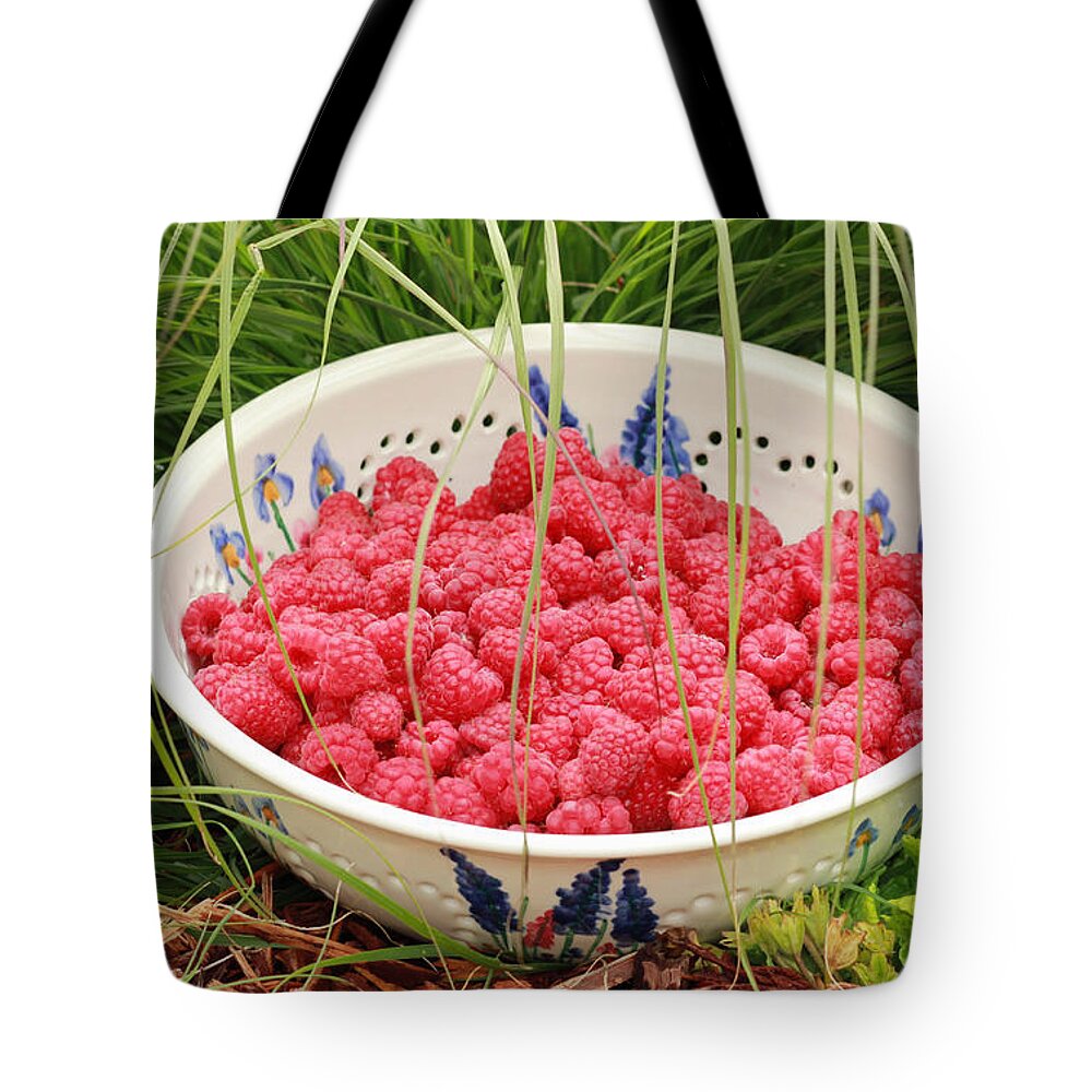 Red Tote Bag featuring the photograph Fresh-Picked Raspberries by E Faithe Lester