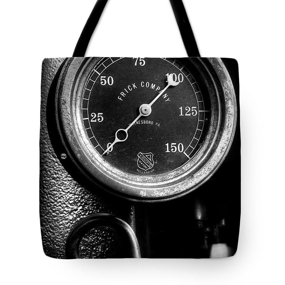 Frick Steam Gauge Tote Bag featuring the photograph Frick Company Steam Gauge by Michael Eingle