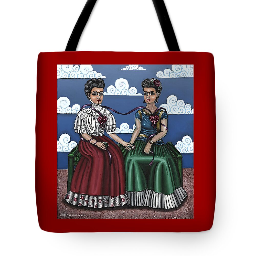 Hispanic Folk Art Tote Bag featuring the painting Frida Beside Myself by Victoria De Almeida