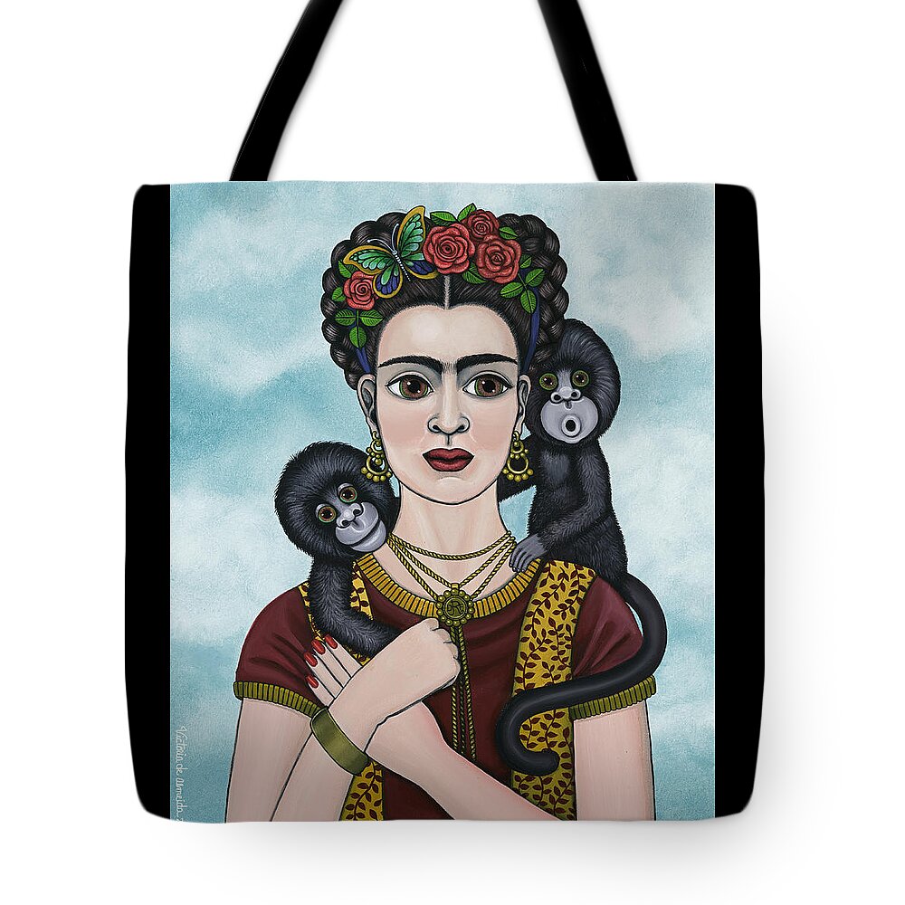 Frida Kahlo Tote Bag featuring the painting Frida In The Sky by Victoria De Almeida