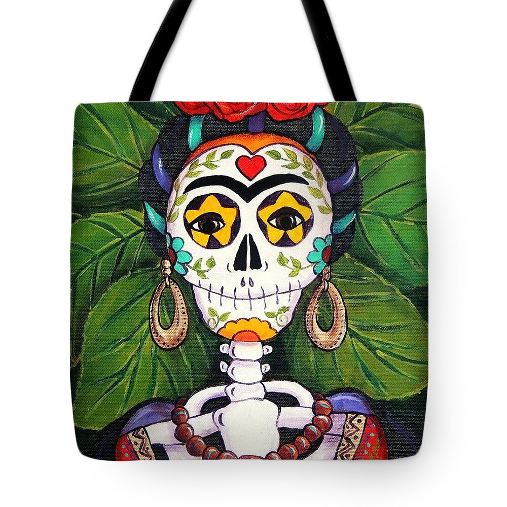 Dia De Los Muertos Tote Bag featuring the painting Frida with Roses by Candy Mayer