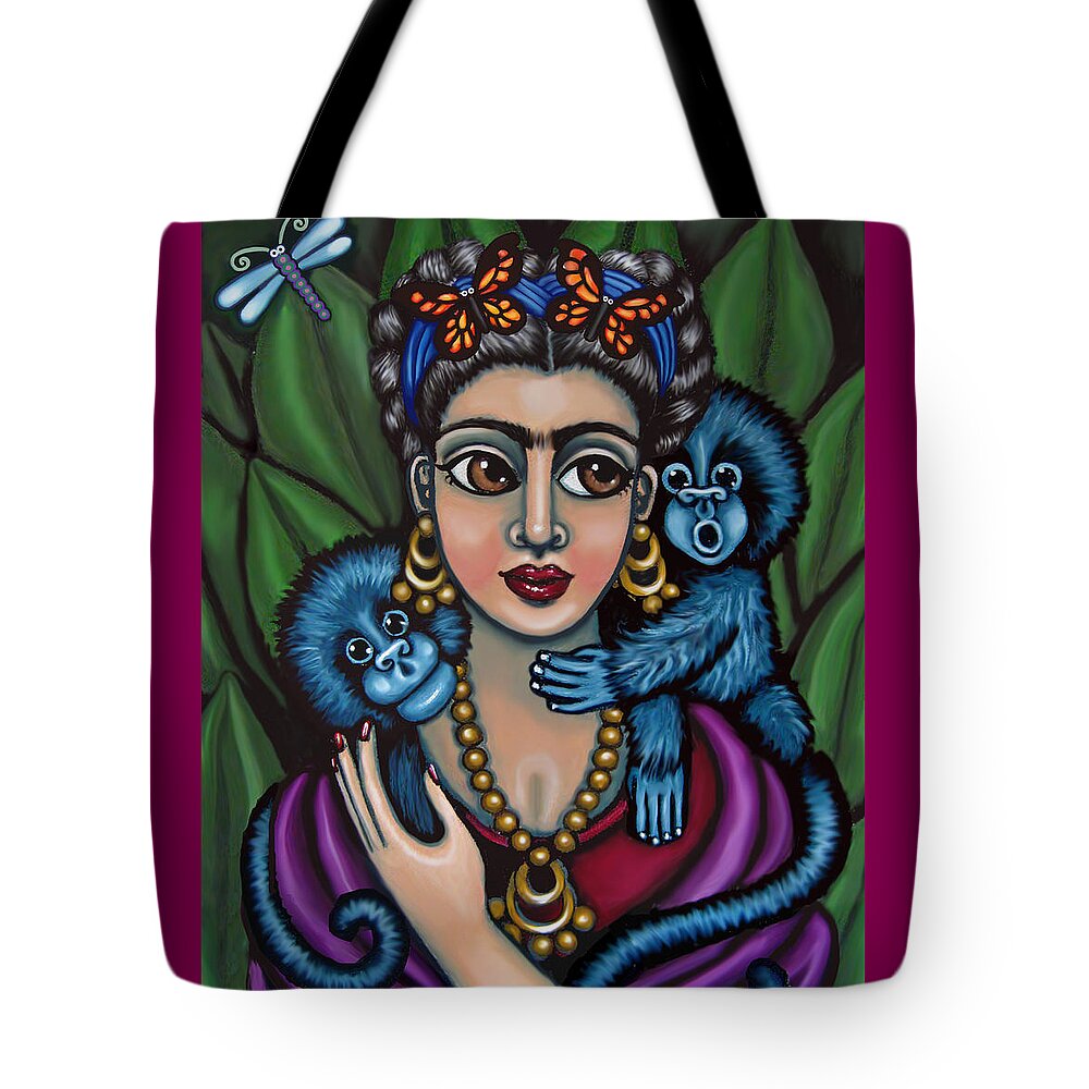 Mexican Folk Art Tote Bag featuring the painting Frida's Monkeys by Victoria De Almeida