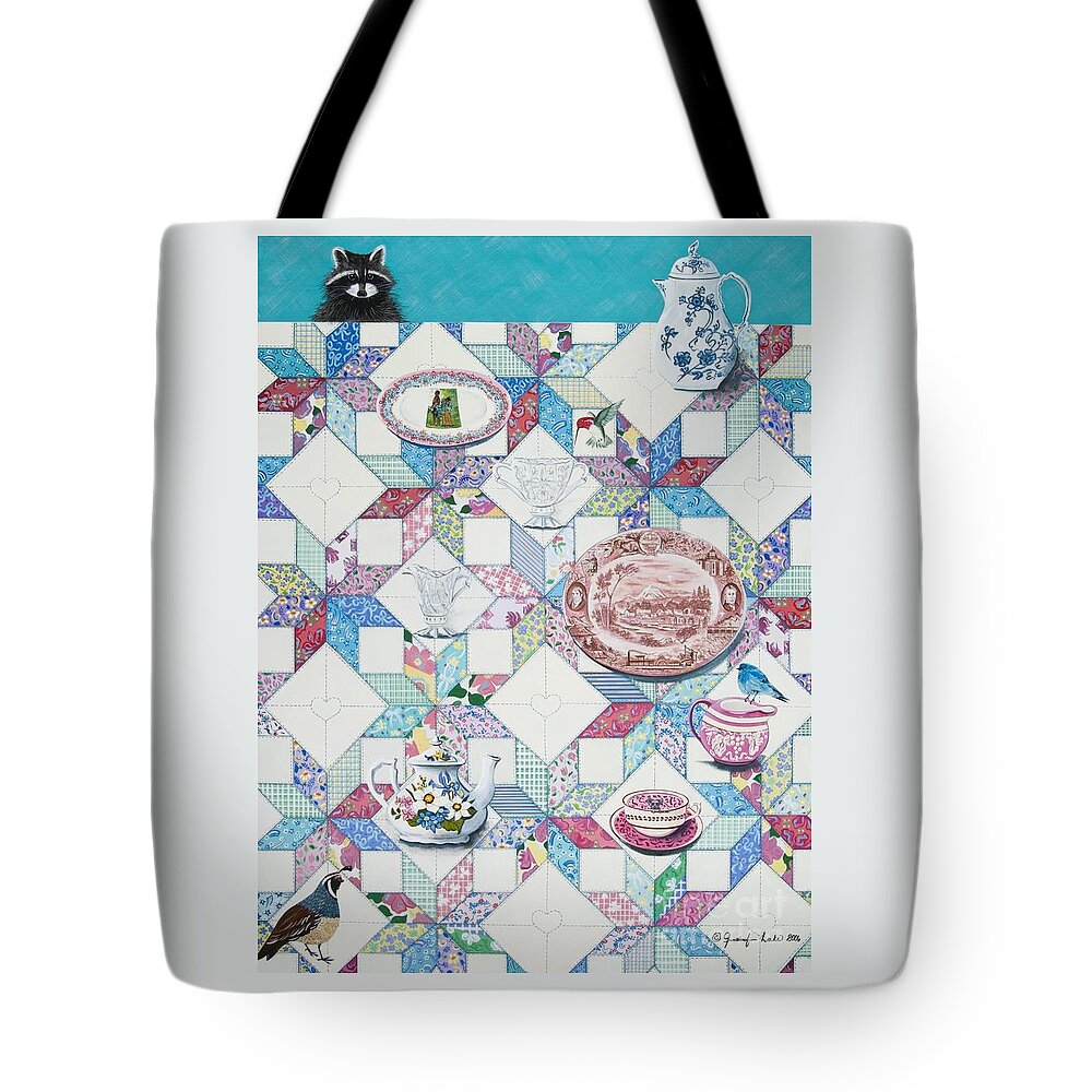 Quilt Tote Bag featuring the painting Friends Come To Tea by Jennifer Lake