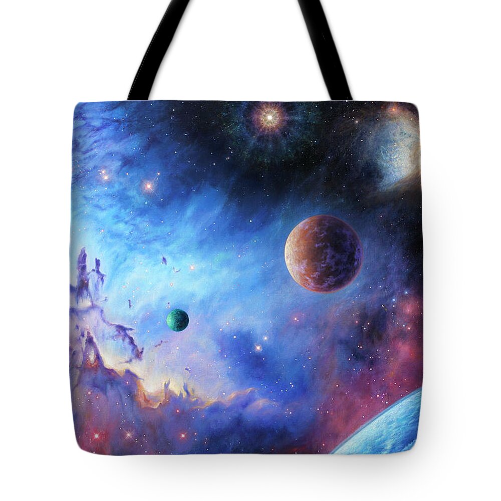 Space Tote Bag featuring the painting Frontiers of the Cosmos by Lucy West