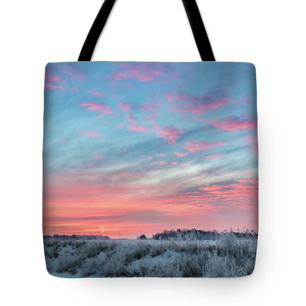 Scenics Tote Bag featuring the photograph Frosty Pastel Winter Sunrise Skies Of by Carl M Christensen