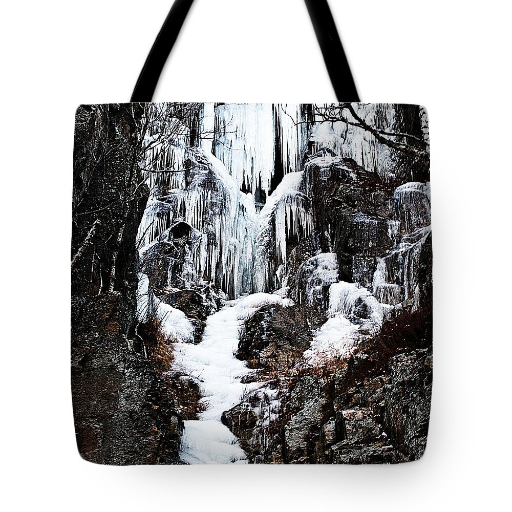 Frozen Waterfall Tote Bag featuring the photograph Frozen Waterfall by Randi Kuhne
