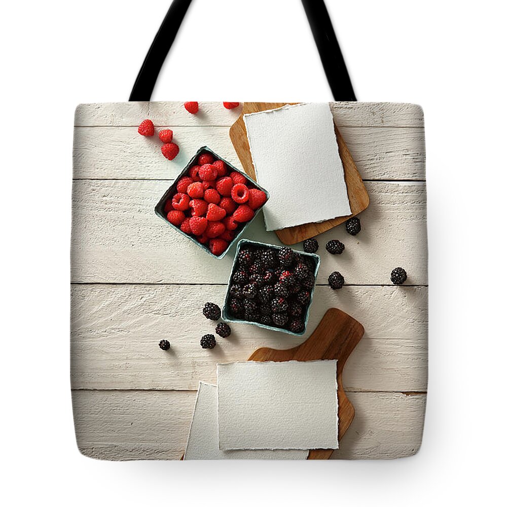 Cutting Board Tote Bag featuring the photograph Fruit And Blank Paper by Lew Robertson