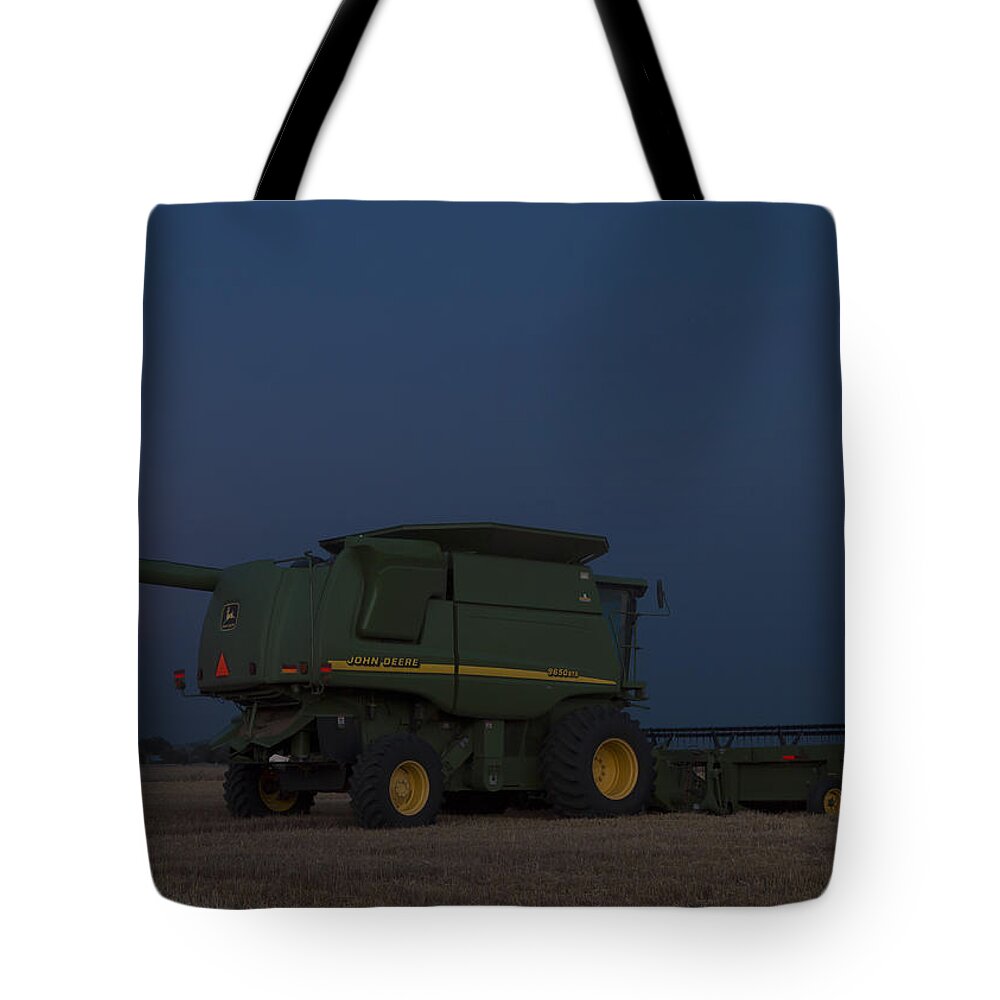 Kansas Tote Bag featuring the photograph Full moon and combine by Rob Graham