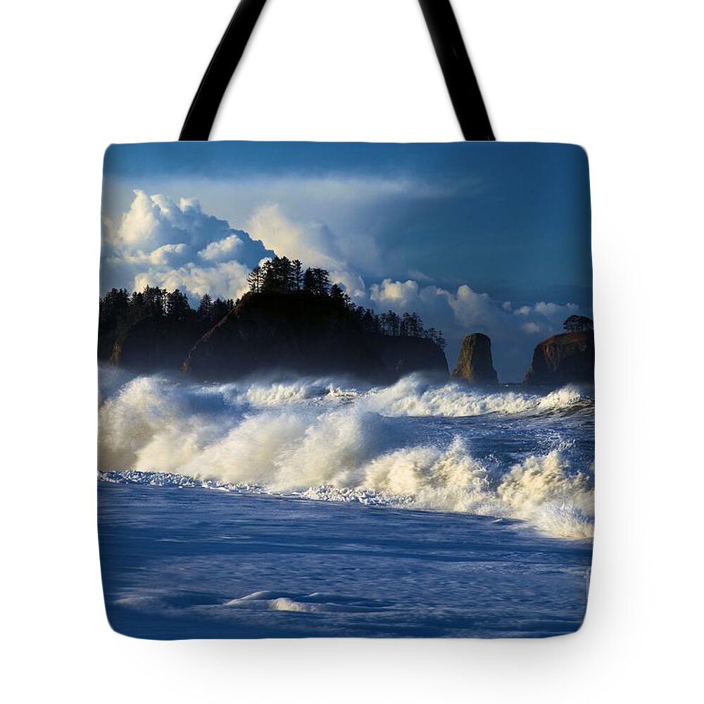Rialto Beach Tote Bag featuring the photograph Full Moon At Rialto by Adam Jewell