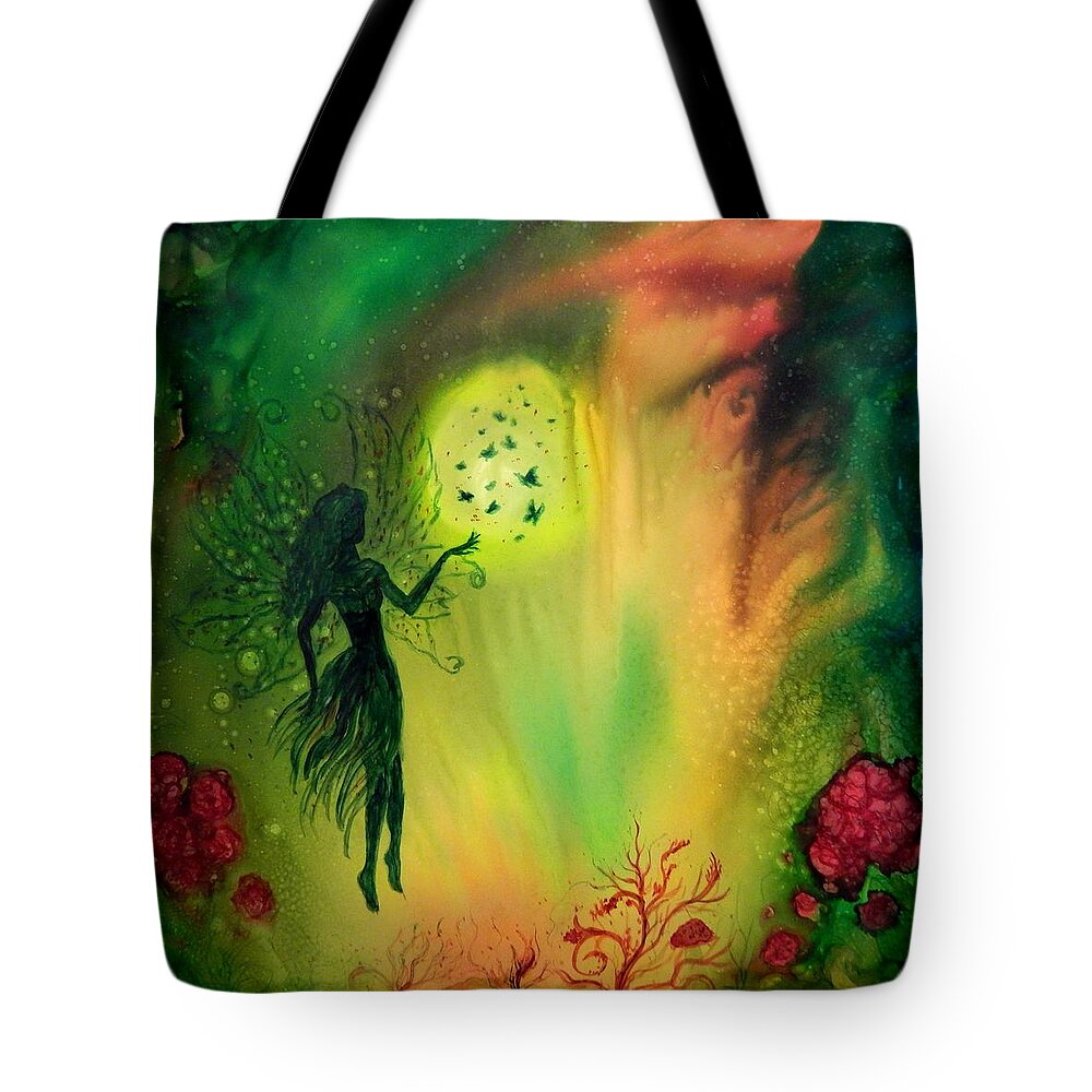Full Moon Tote Bag featuring the painting Full moon Fairy and Butterflies by Lilia S