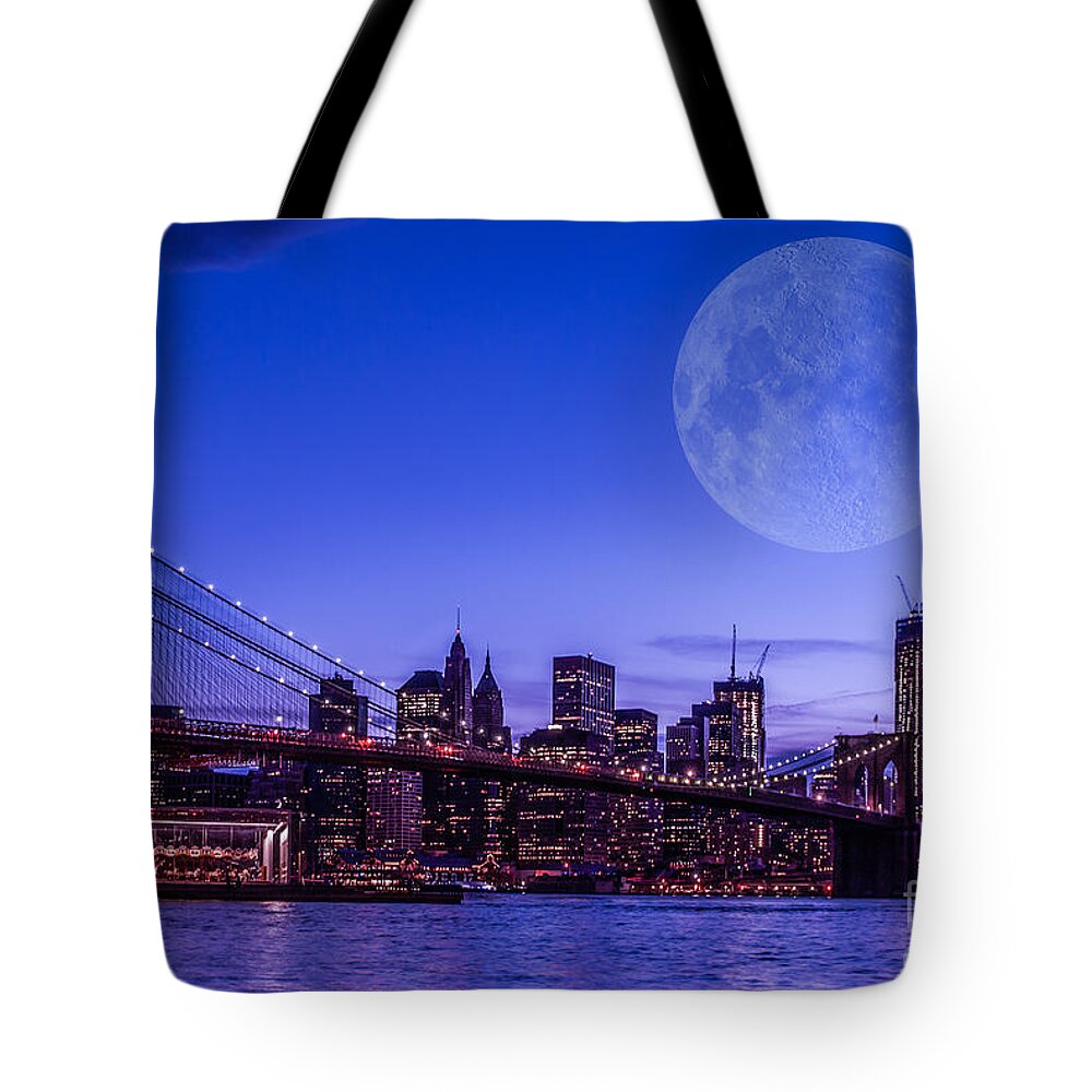 Nyc Tote Bag featuring the photograph Full moon over Manhattan II by Hannes Cmarits