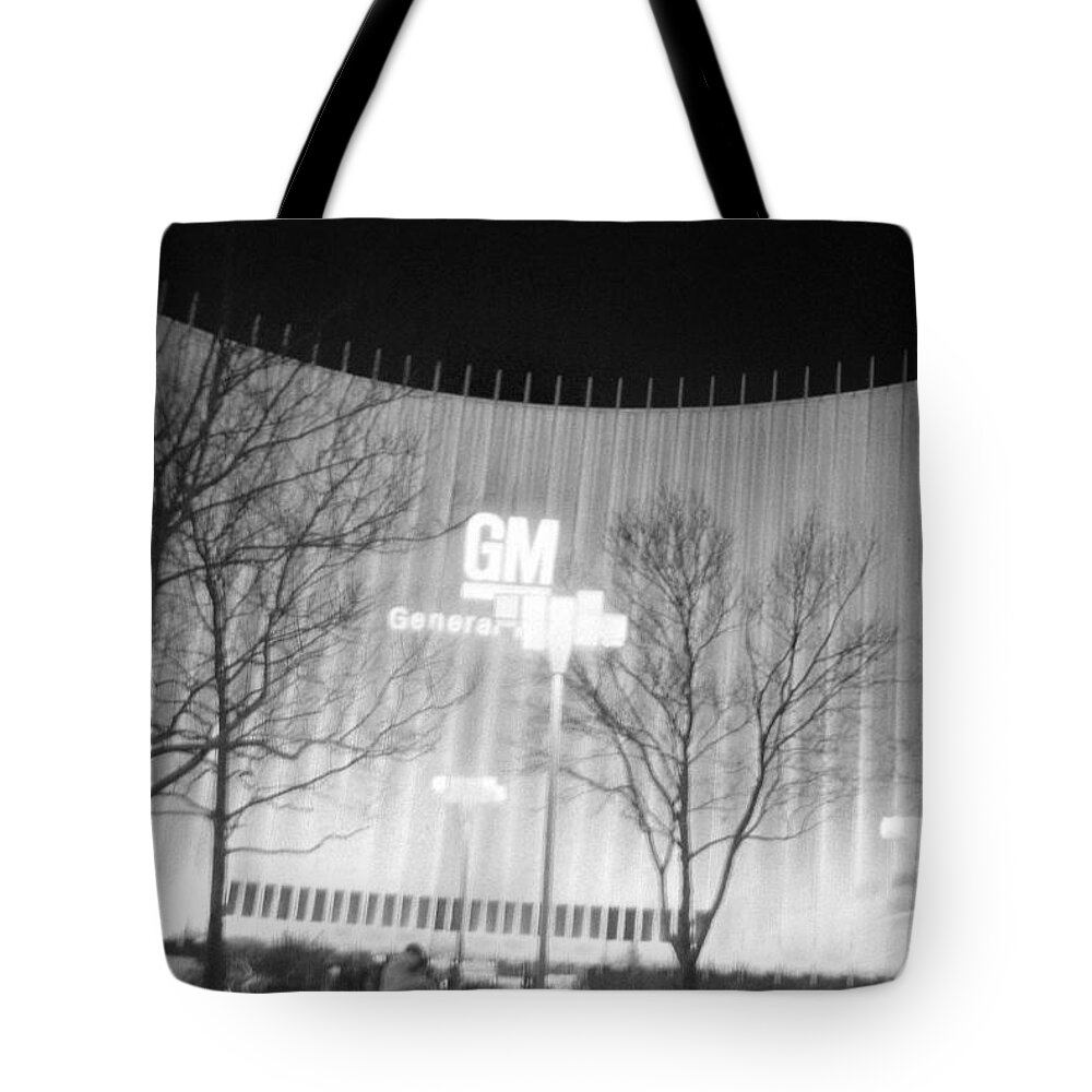 Buildings Tote Bag featuring the photograph G M Light Show Take One by John Schneider