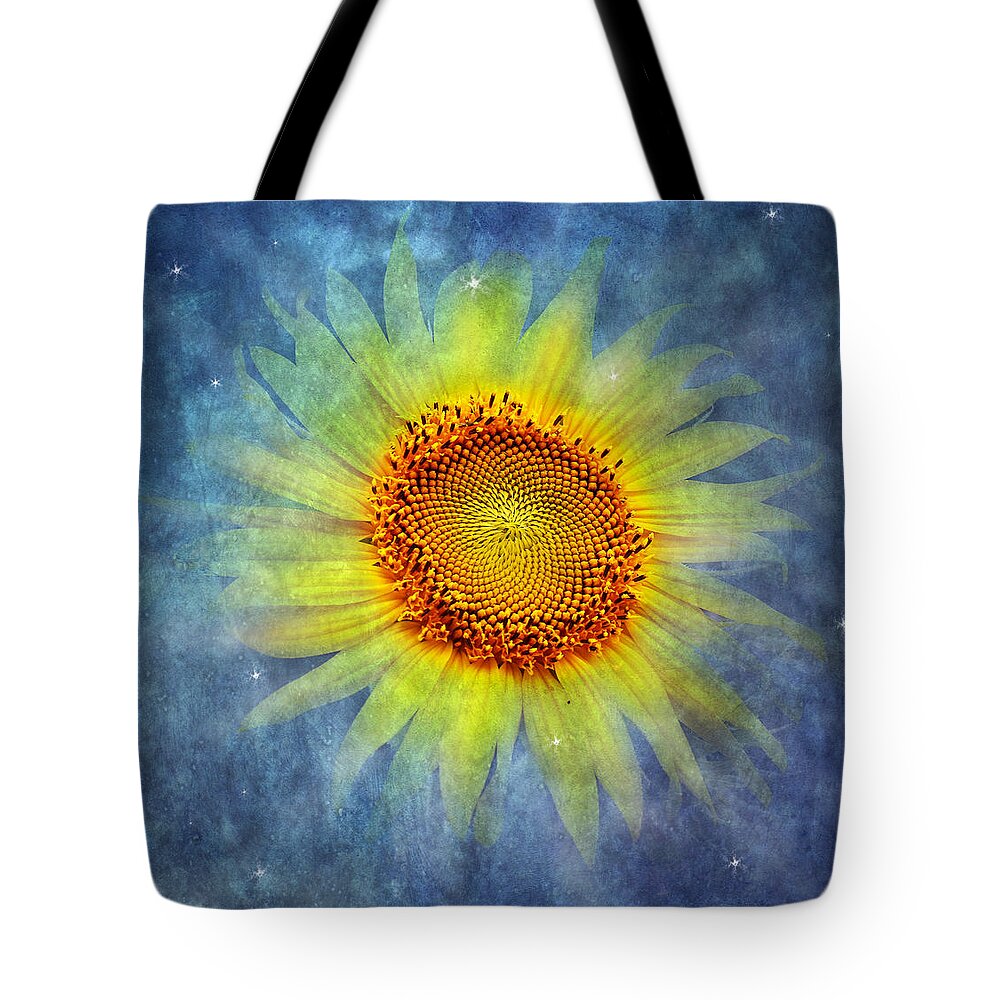 Yellow Sunflower Tote Bag featuring the photograph Galactic Bloom by Marina Kojukhova