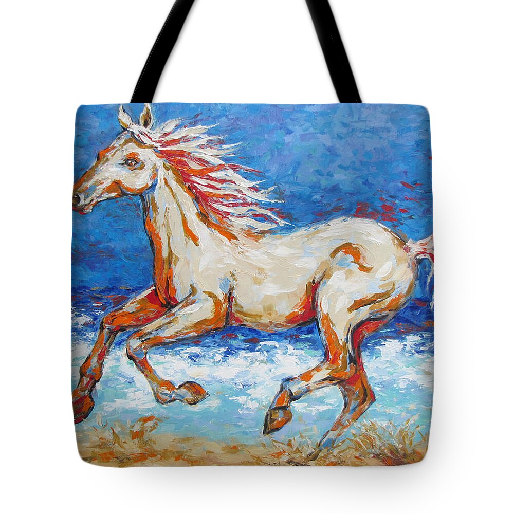  Beach Tote Bag featuring the painting Galloping Horse on Beach by Jyotika Shroff