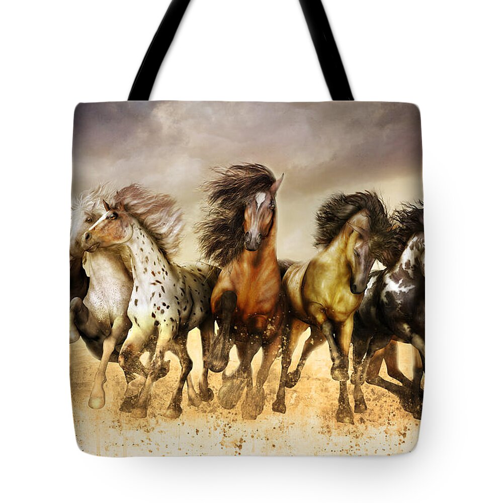 Magnificent Seven Tote Bag featuring the digital art Galloping horses Full Color by Shanina Conway