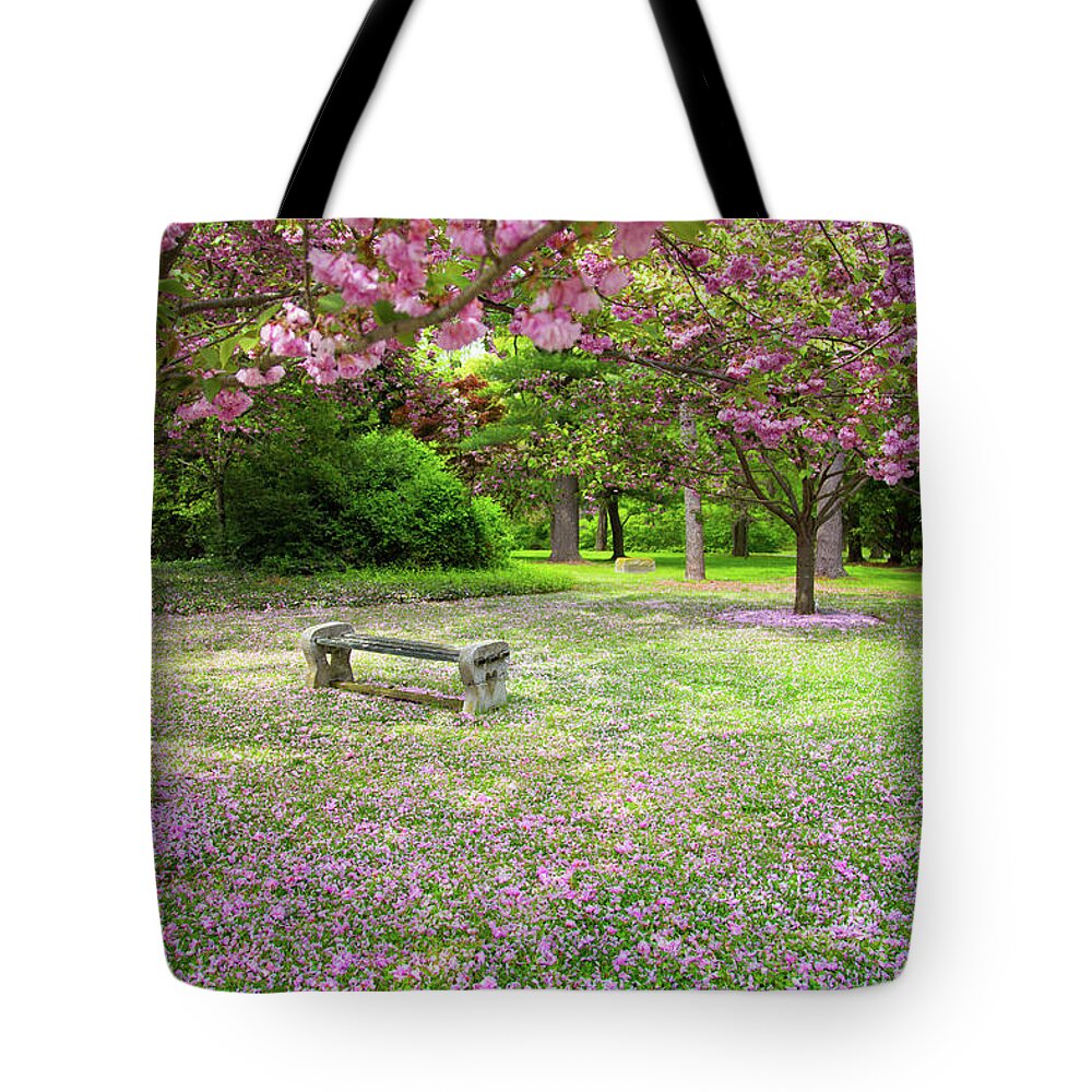 Tranquility Tote Bag featuring the photograph Garden Bench In Springtime by Littleny Photographic Arts ~ Lisa Combs