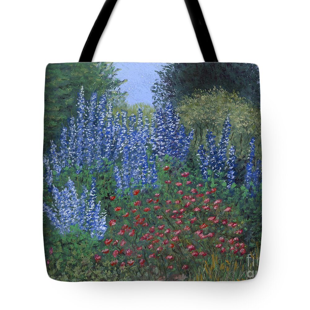 Blue Flowers In Garden Tote Bag featuring the pastel Garden Delphiniums by Ginny Neece
