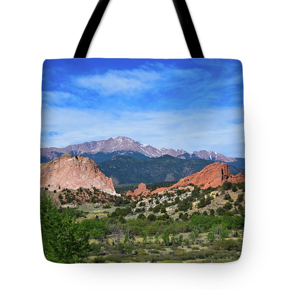 Scenics Tote Bag featuring the photograph Garden Of The Gods With Pikes Peak by Dan Buettner