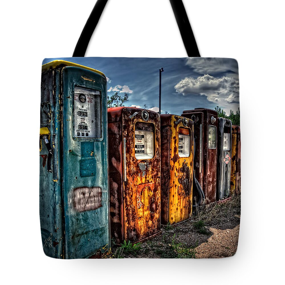 Vintage Gas Pumps Tote Bag featuring the photograph Gasoline Alley by Ken Smith
