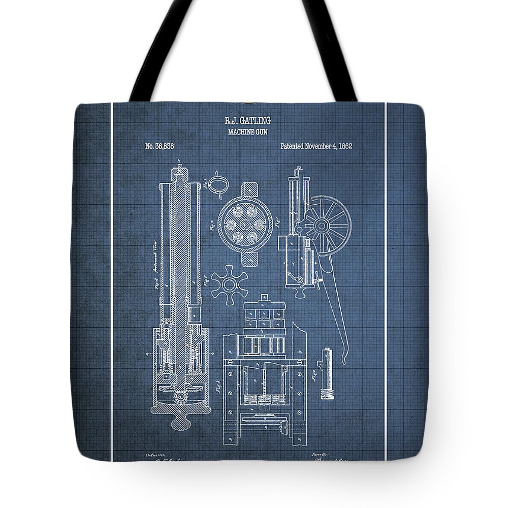 C7 Vintage Patents Weapons And Firearms Tote Bag featuring the digital art Gatling Machine Gun - Vintage Patent Blueprint by Serge Averbukh