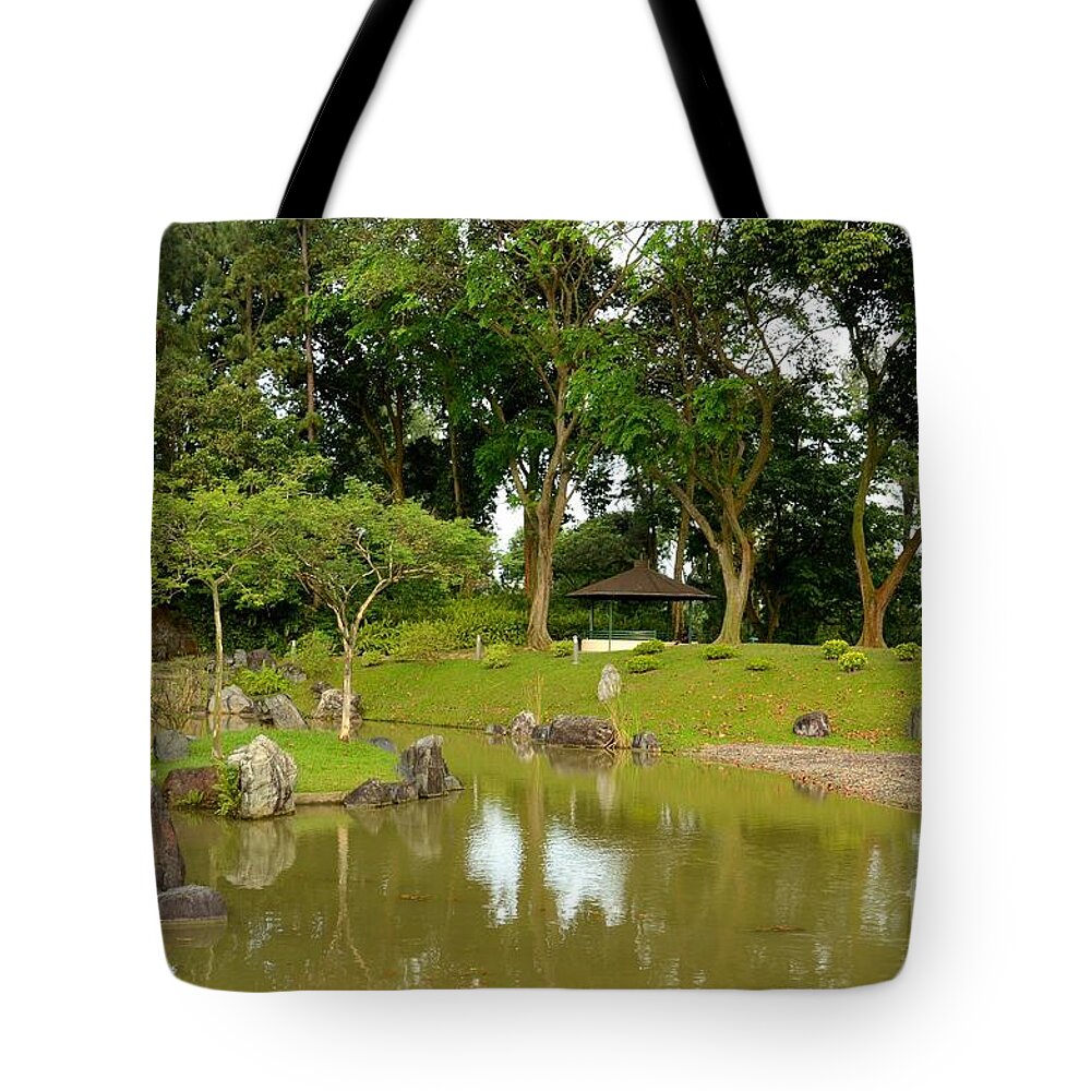 Boulder Tote Bag featuring the photograph Gazebo trees lake and rock garden in Singapore Chinese Gardens by Imran Ahmed