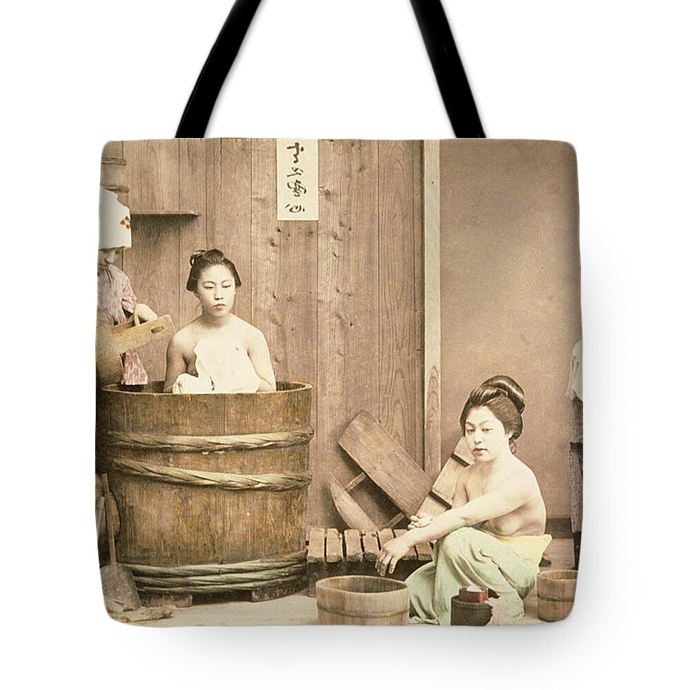 Nude Tote Bag featuring the photograph Geishas bathing by English School